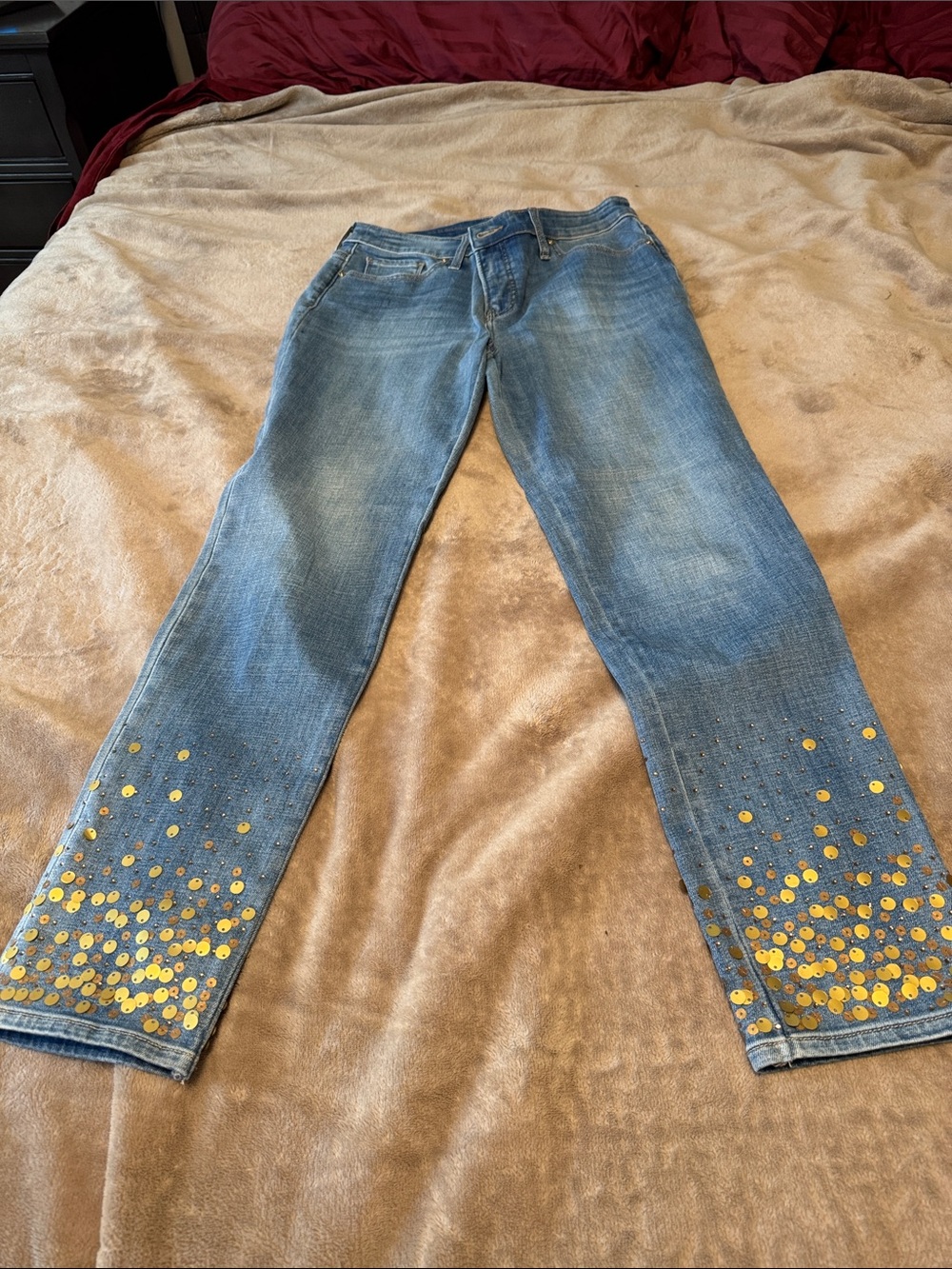 Chico's Blue Straight-Leg Jeans with Gold Sequin Hem